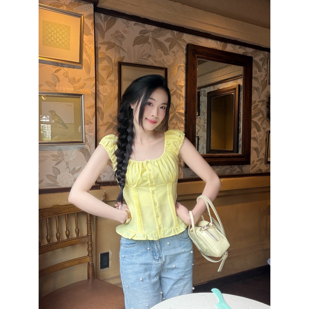 Áo sơ mi áo kiểu nữ tay con kiểu caro xếp ly trẻ trung LAMO - B1528