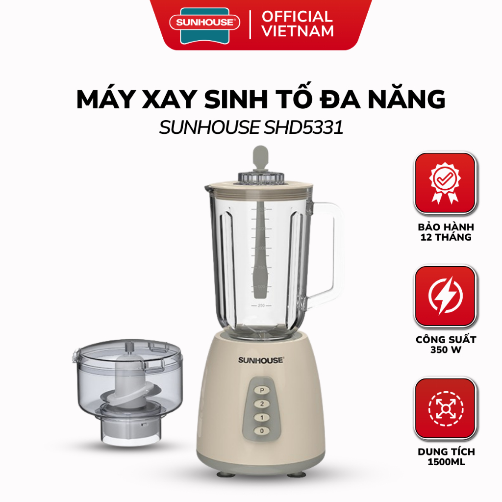 Máy Xay Sinh Tố Đa Năng SUNHOUSE SHD5331 - Bảo Hành 12 Tháng, Cối Lớn Thủy Tinh Kèm Cối Nhỏ Xay Thịt