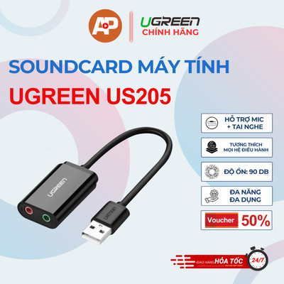 Soundcard máy tính USB UGREEN US205 mở rộng sang cả 2 cổng 3.5mm cho tai nghe + mic không cần driver
