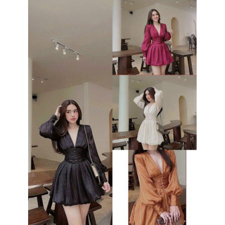 Đầm nữ thời trang thiết kế chất tơ xốp mặc đi tiệc phong cách sang trọng , đầm ngắn xòe dài tay cổ chữ V