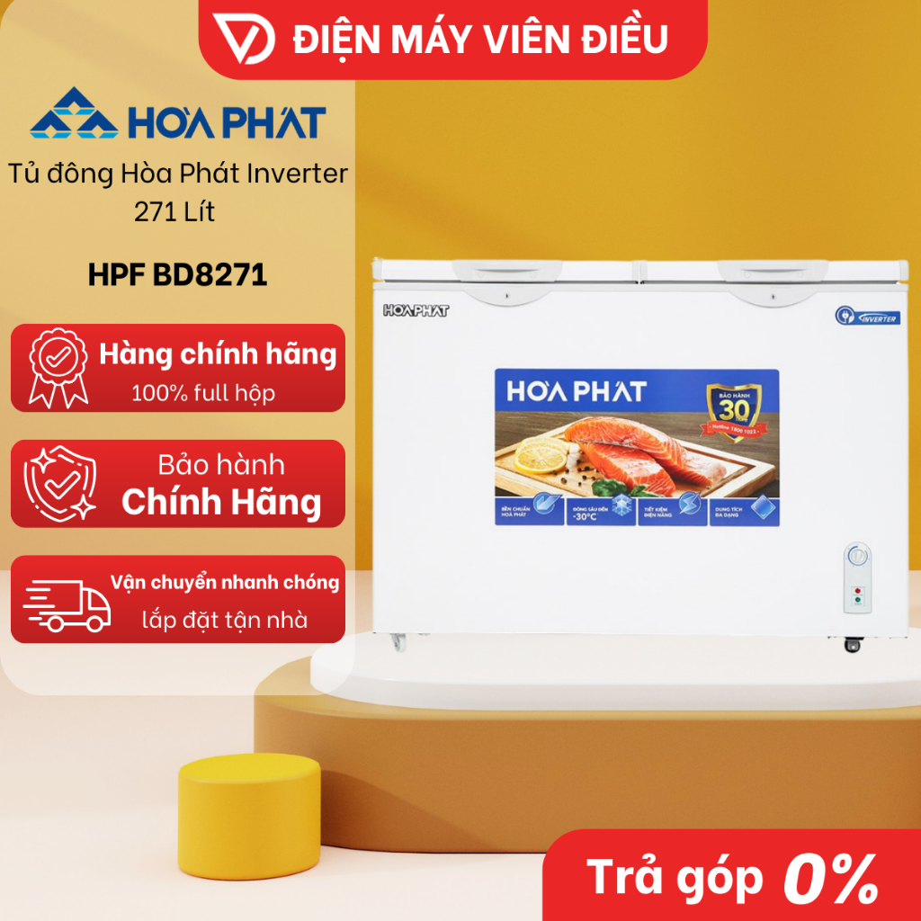HPF BD8271 - Tủ Đông Hòa Phát Inverter 271 Lít HPF BD8271 2 Ngăn Đông Mát Tiết Kiệm Điện