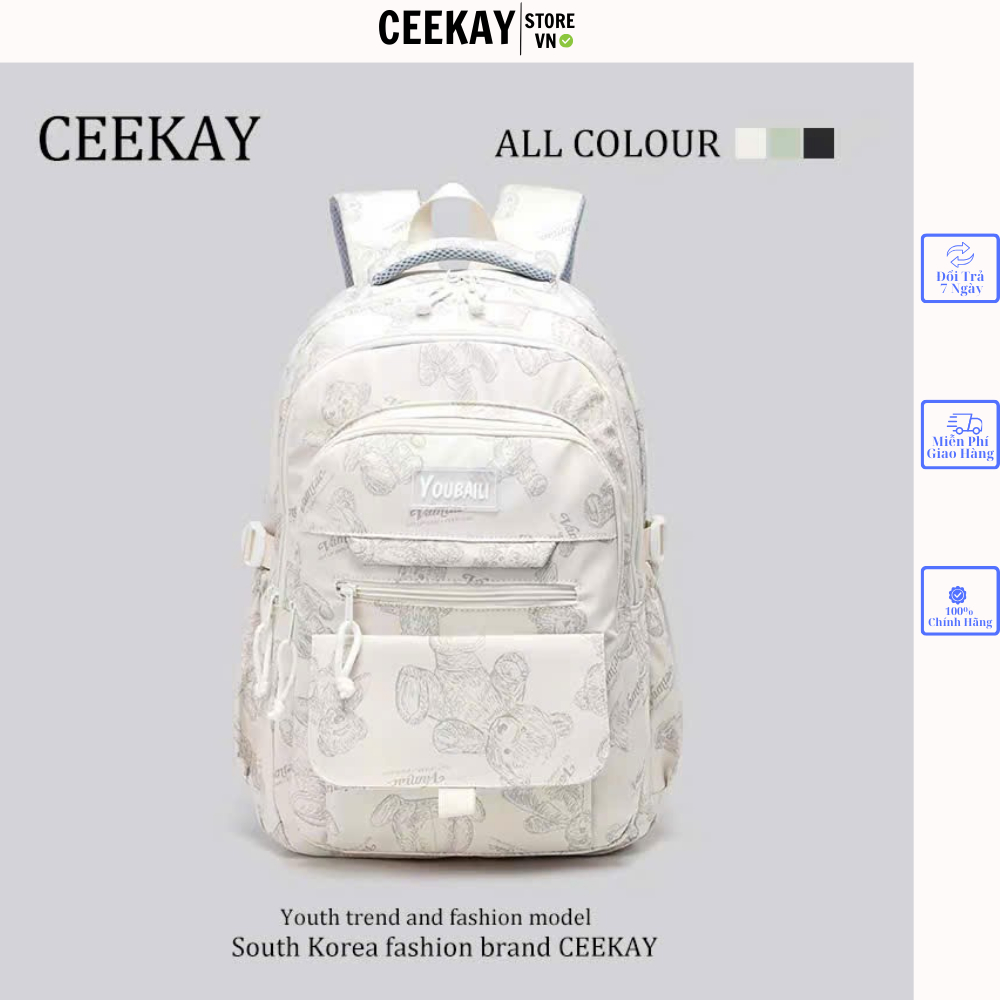 𝑪𝑬𝑬𝑲𝑨𝒀 𝑩𝑨𝑮 Balo Ceekay Chính Hãng Chất Canvas Cao Cấp Phối Họa Tiết Gấu Full From Rộng - Balo Nam Nữ