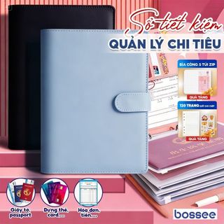 Sổ tiếp kiệm, quản lý chi tiêu bìa da PU cao cấp 120 trang giấy, 5 túi zip trong suốt - Tặng kèm Sticker _ Bossee