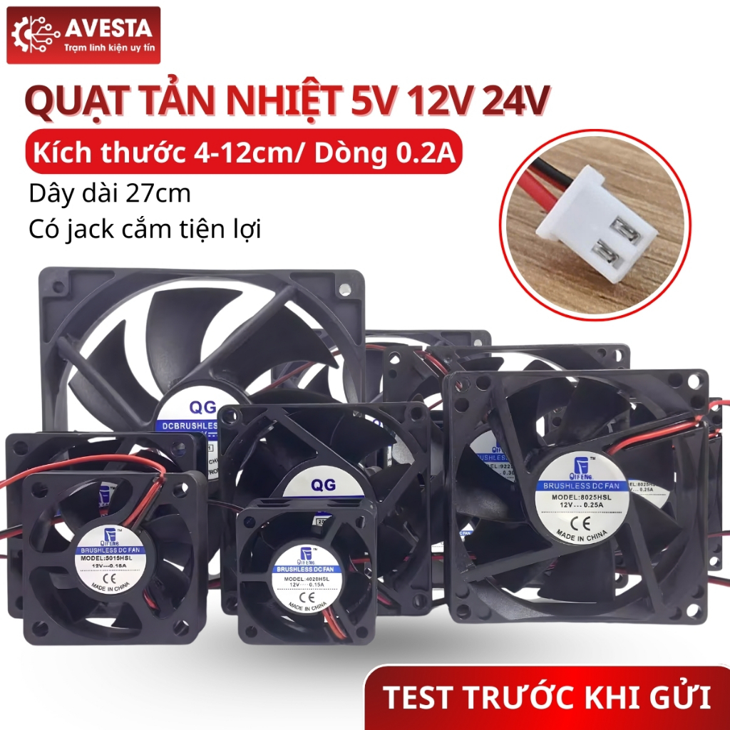 Quạt tản nhiệt 5V 12V 24V đầy đủ kích thước dây dài 27cm lõi đồng nguyên chất dùng siêu bền Avesta