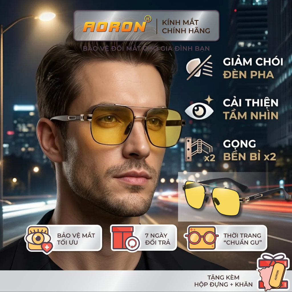 Kính Đi Đêm Tròng Phân Cực Bảo Vệ Mắt AORON Giúp Tầm Nhìn Rõ Nét Hơn, Tránh Vật Cản Chống Gió Bụi