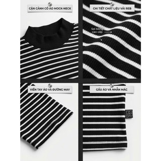 Áo thun sọc PAZURU unisex cổ ôm (cổ cao 1/3) form rộng chất thun gân STRIPHIGH Mock-Neck Tee Cao Cấp - Họa Tiết Kẻ Ngang