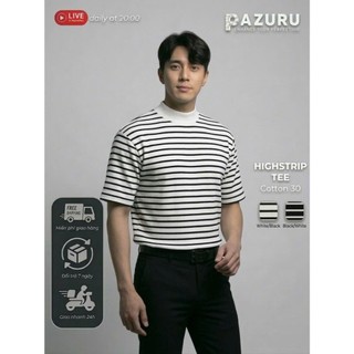 Áo thun sọc PAZURU unisex cổ ôm (cổ cao 1/3) form rộng chất thun gân STRIPHIGH Mock-Neck Tee Cao Cấp - Họa Tiết Kẻ Ngang