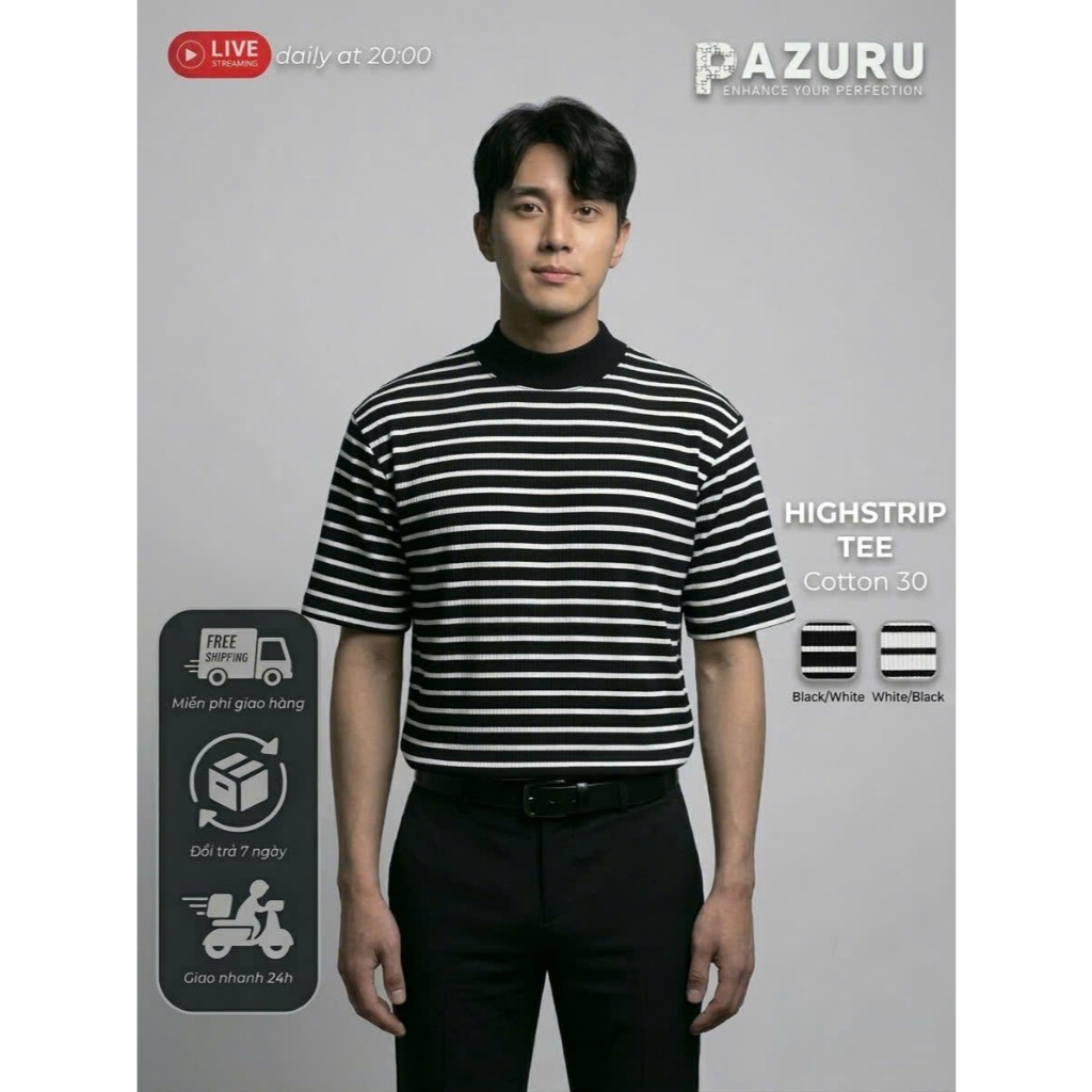Áo thun sọc PAZURU unisex cổ ôm (cổ cao 1/3) form rộng chất thun gân STRIPHIGH Mock-Neck Tee Cao Cấp - Họa Tiết Kẻ Ngang