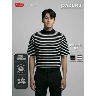 Áo thun sọc PAZURU unisex cổ ôm (cổ cao 1/3) form rộng chất thun gân STRIPHIGH Mock-Neck Tee Cao Cấp - Họa Tiết Kẻ Ngang