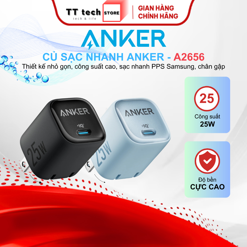 Củ sạc nhanh PPS Anker Nano A2656 25W nhỏ gọn, sạc nhanh Power IQ 3.0, 1 cổng USB-C, chân gập tiện l