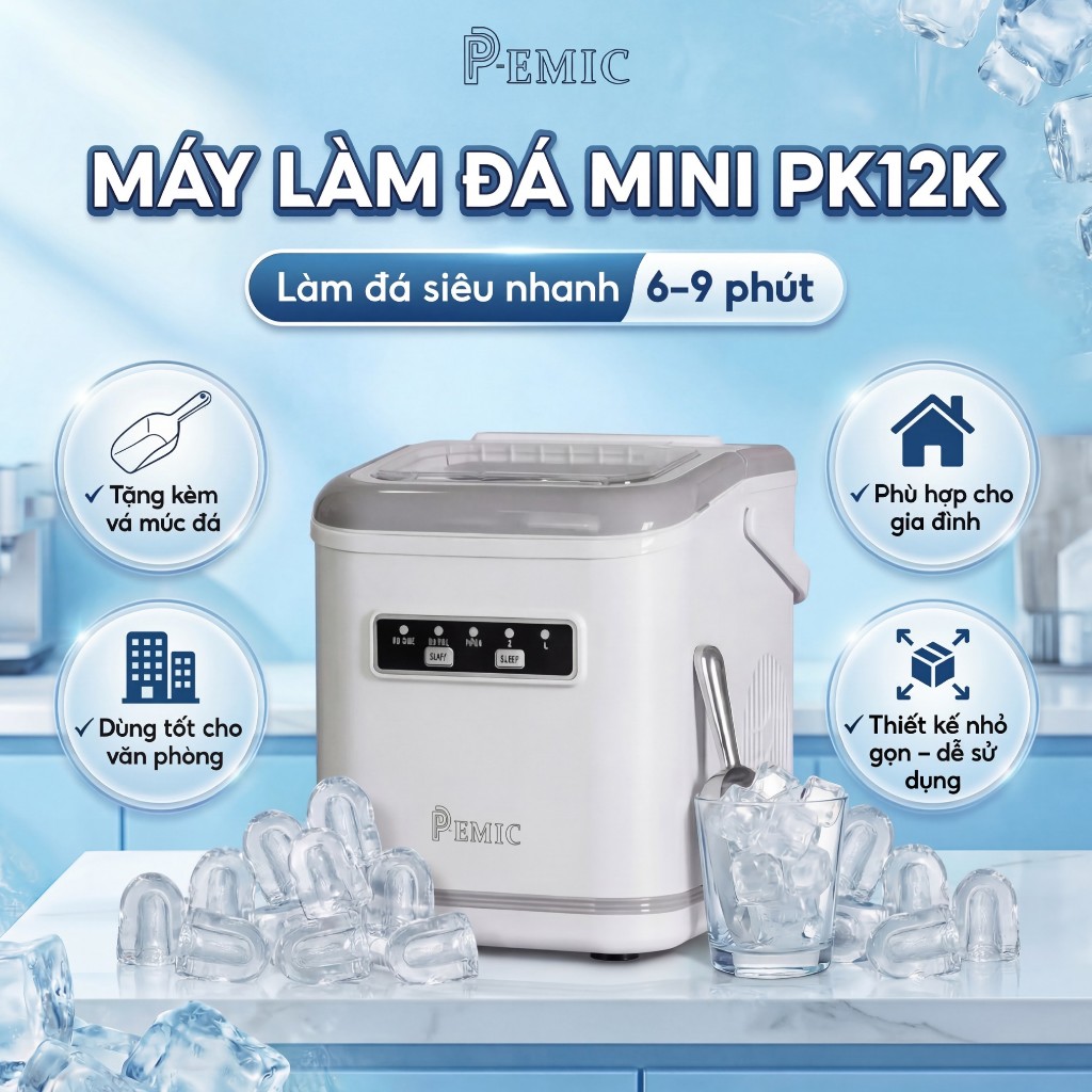 Máy làm đá mini PK-12K & PK-12G - làm đá nhanh chóng từ 6-9 phút/mẻ - 12KG/ngày - PEMIC