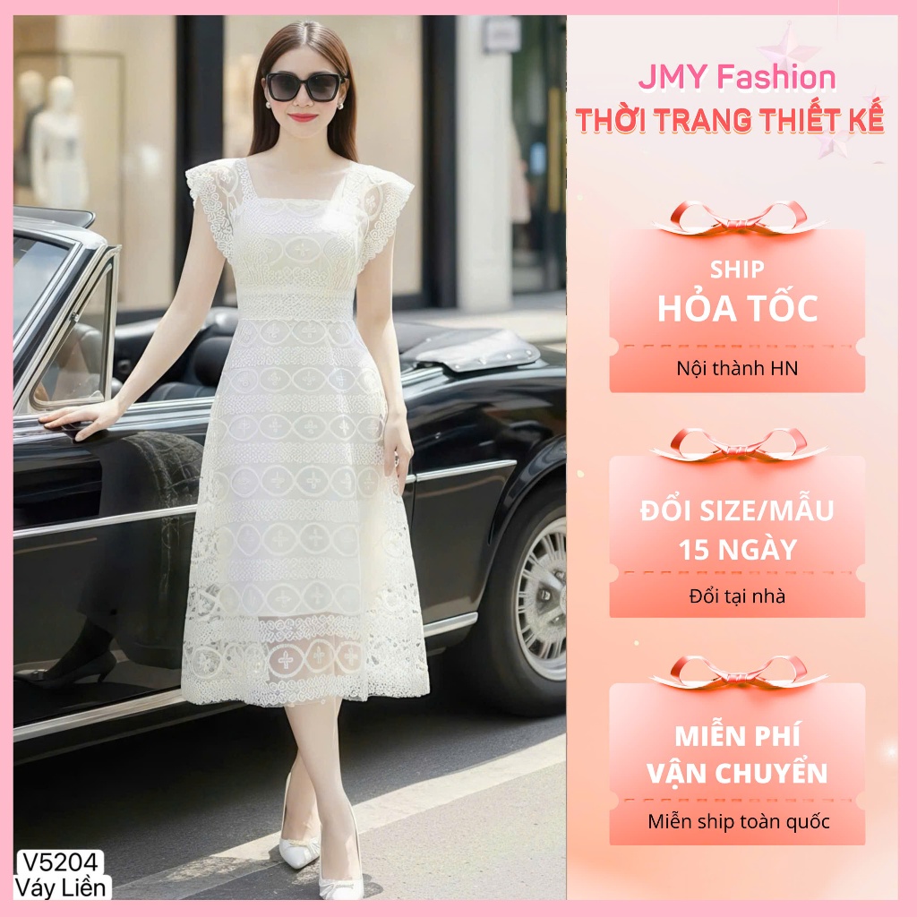 V5204 Váy ren kem cổ vuông dáng A xòe thiết kế dự tiệc [Dolce Viva Colection (DVC)] Đầm ren tay cánh