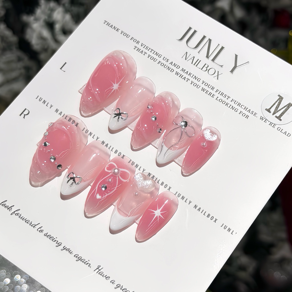 Nailbox tông hồng nơ xinh JUNLY - nail box thiết kế móng giả kẻ đầu móng đi chơi 301
