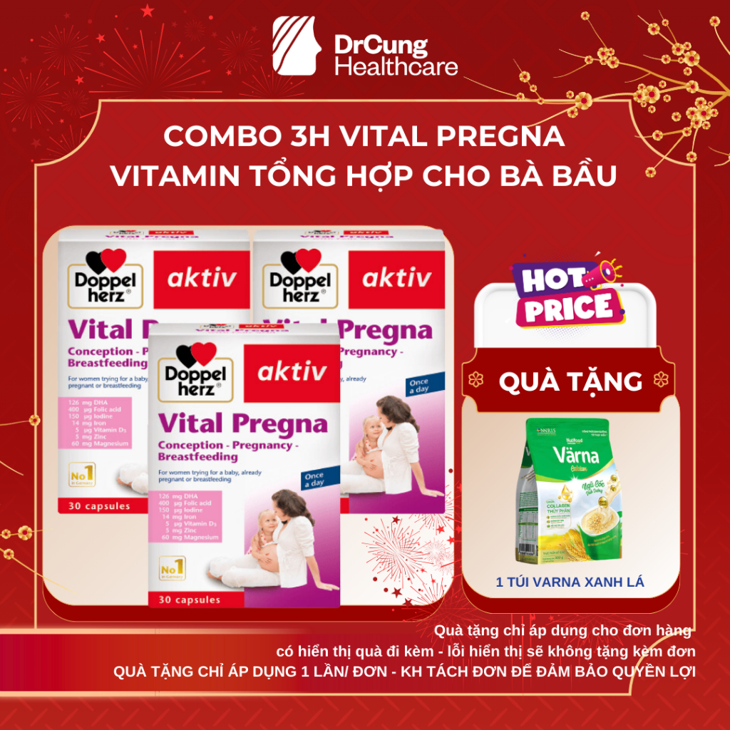 [COMBO 3] Vital Pregna - Vitamin Tổng Hợp Cho Bà Bầu, DHA Bầu, Acid Folic, Sắt, Doppelherz (30v)
