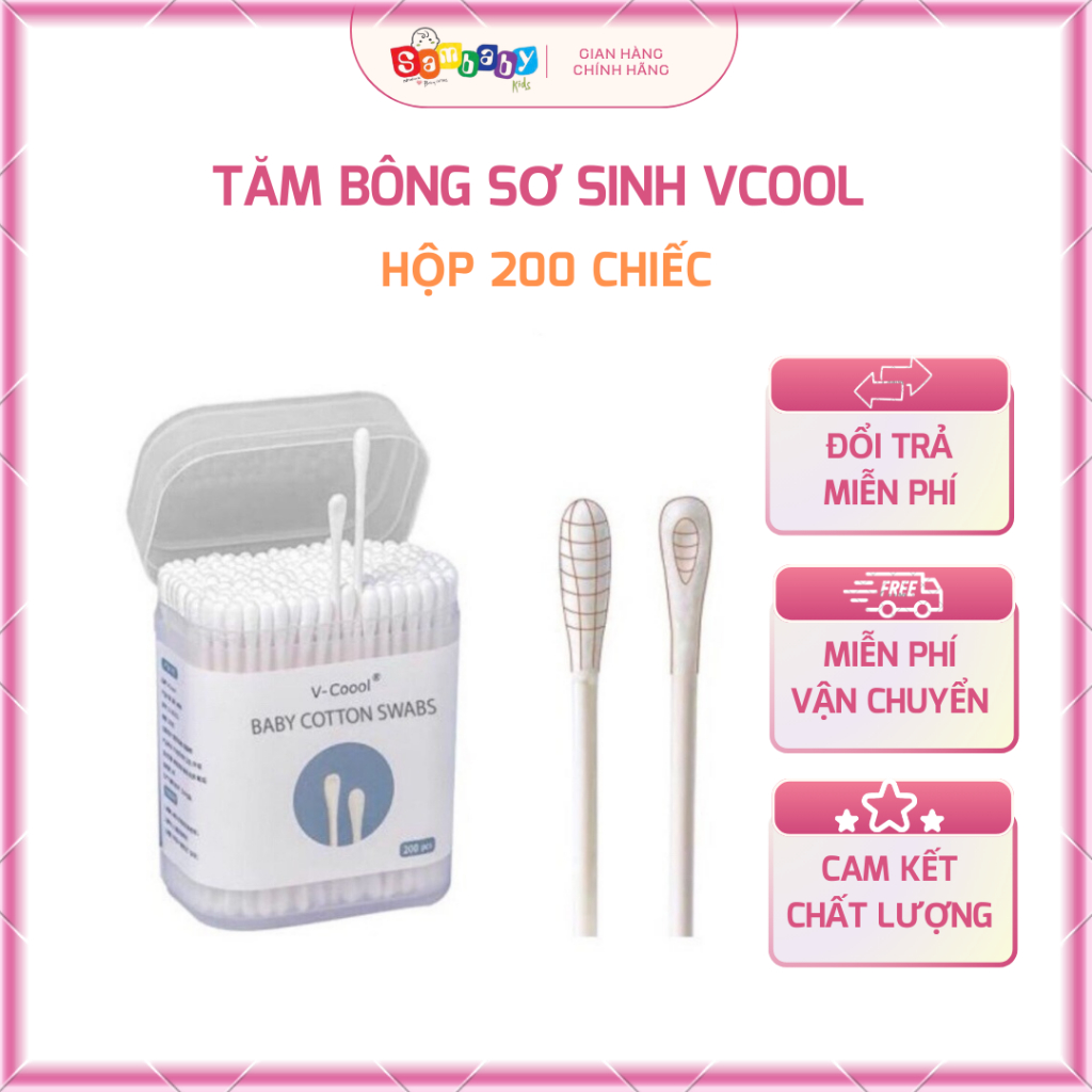 Tăm bông sơ sinh Vcool vệ sinh cho trẻ sơ sinh - hộp 200 tăm bông Sambaby kids