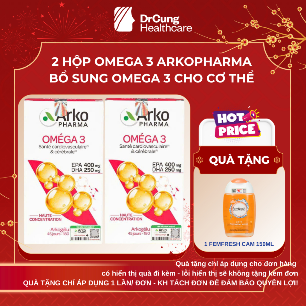 Combo 2 Dầu Cá Arkopharma Omega 3 180 Viên  - Hỗ trợ tăng cường sức khỏe tim mạch Drcung Healthcare