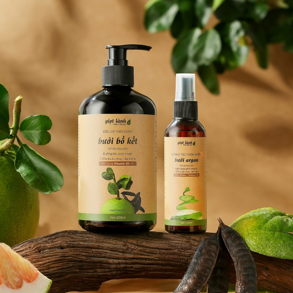 Bộ dầu gội bưởi bồ kết - Xịt tóc bưởi thuần chay Giọt Lành