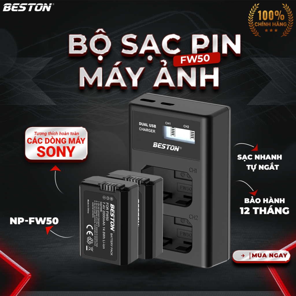 Bộ 2 Pin Sony NP-FW50 2000mAh + Sạc Đôi Beston Dùng Cho Máy Ảnh Sony A6000 A6300 A6500 A7 A7 II A7R A7S