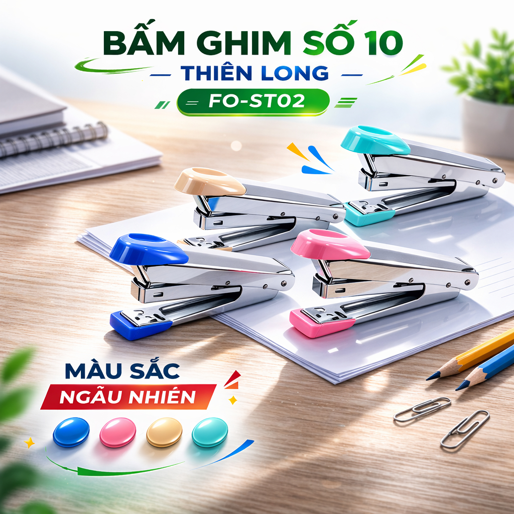 Bấm ghim số 10 Thiên Long FO-ST02 – Nhỏ gọn, chắc chắn, màu ngẫu nhiên