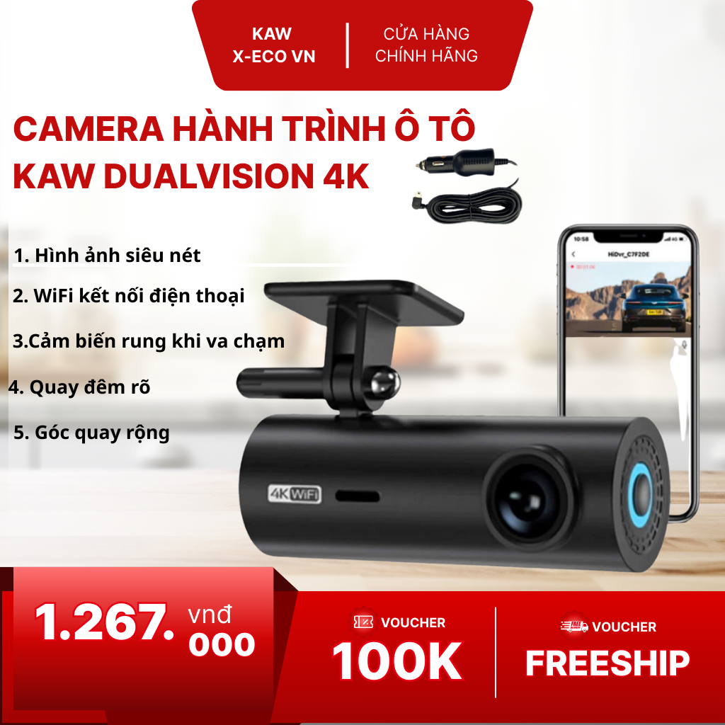 Camera hành trình KAW DualVision Pro 4K WiFi không màn hình 2160P HD tầm nhìn ban đêm 3M