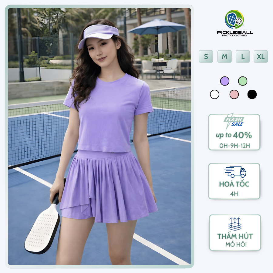 Set Bộ Nữ Pickleball Tenis Cầu Lông Cổ Tròn Phối Chân Váy Xoè Chất Liệu Mềm Mại Thấm Hút Mồ Hôi - P0