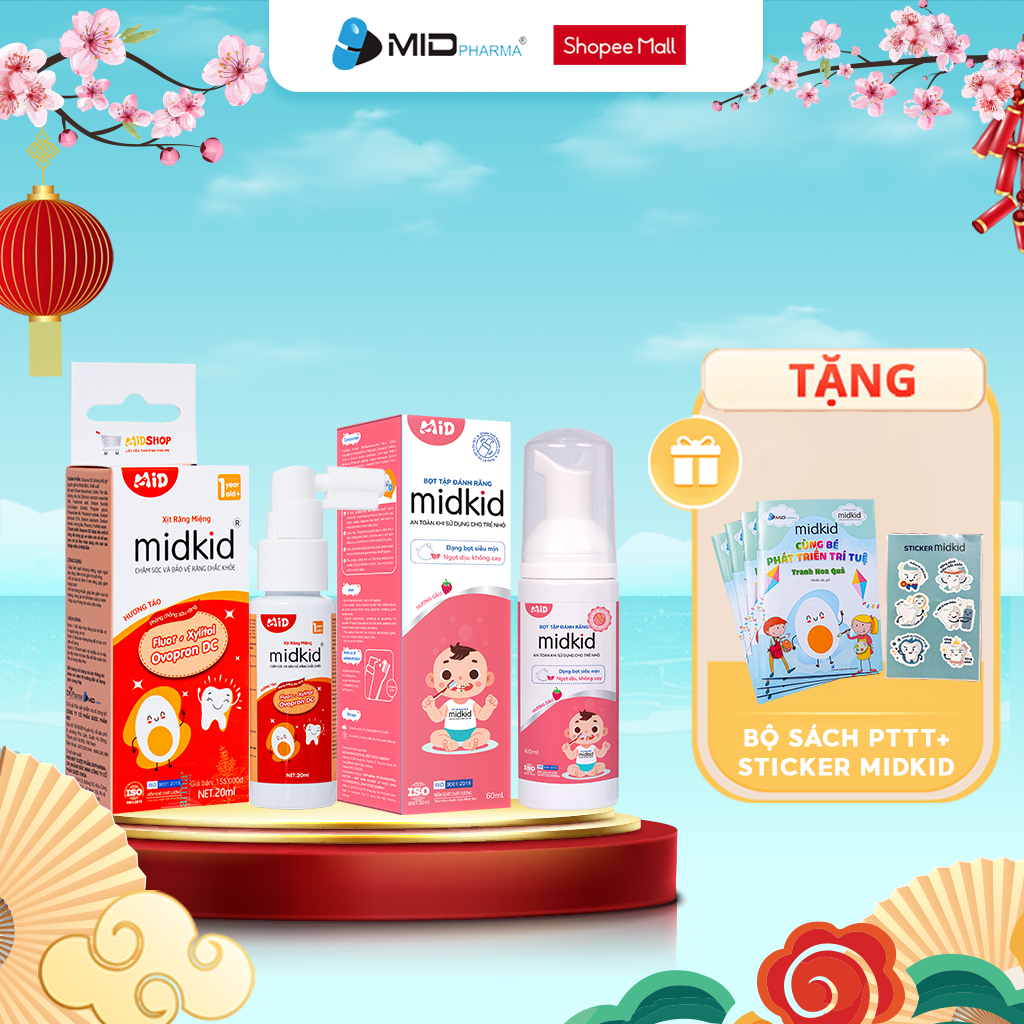 Combo Xịt chống sâu răng MIDKID vị táo 20ml + Bọt tập đánh răng Midkid vị Dâu 60ml cho bé từ 1 tuổi