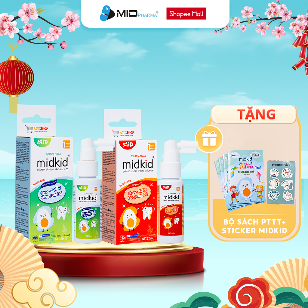 2 hộp Xịt chống sâu răng Midkid vị NHO và TÁO chính hãng cho bé từ 1 tuổi giúp làm sạch và bảo vệ men răng vị ngọt thơm