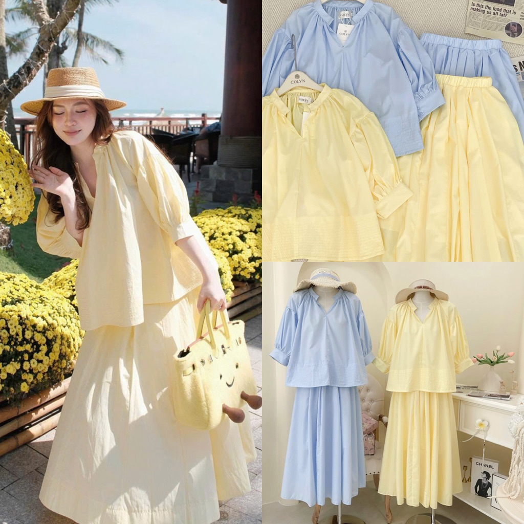 SEP House - Set kate vàng xanh áo tay lửng dáng babydoll bồng kèm chân váy midi dáng dài thanh lịch,