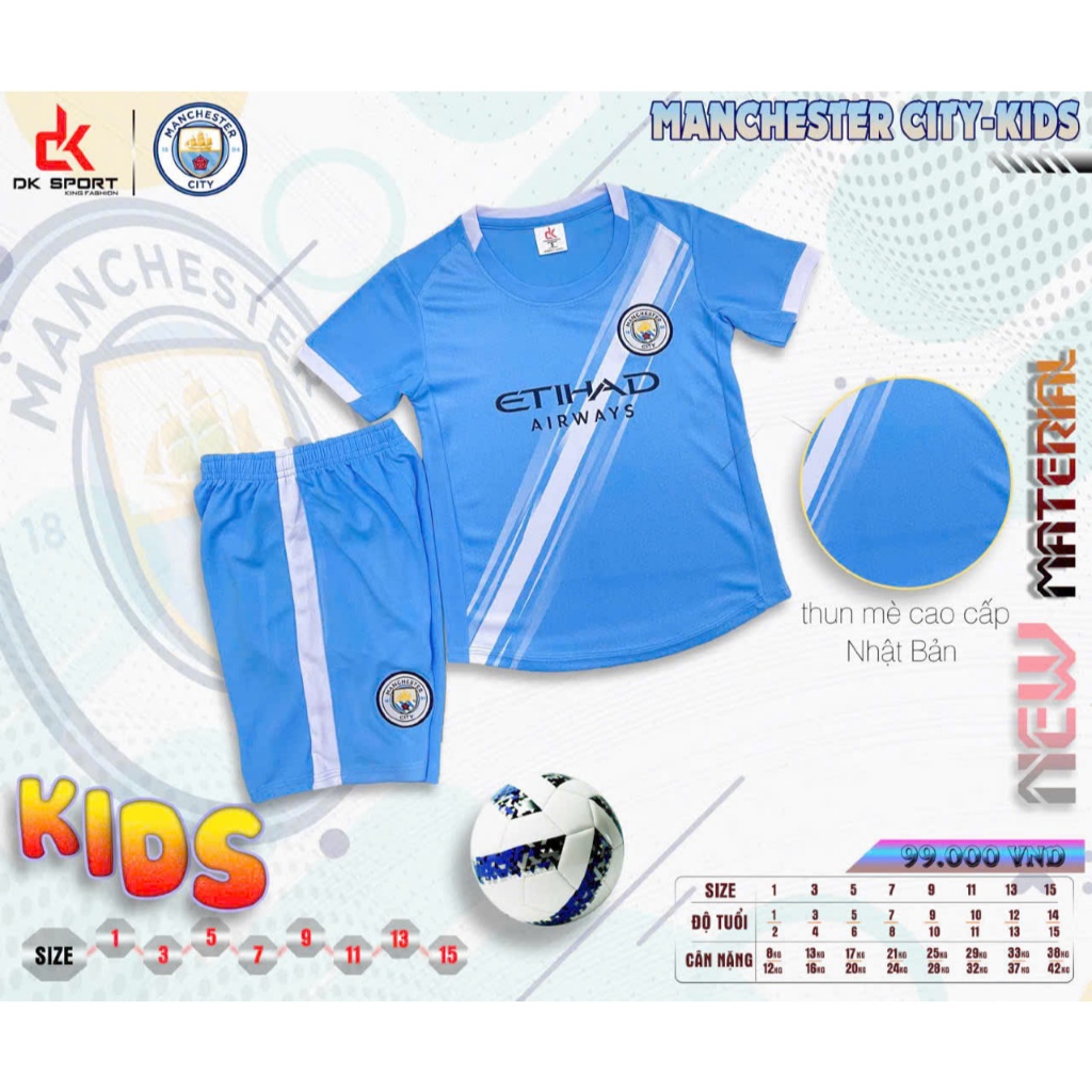 Quần Áo Bóng Đá Manchester City xanh biển - Trẻ Em - Vải mè Cao Cấp DK– In Tên Số Theo Yêu Cầu REINA