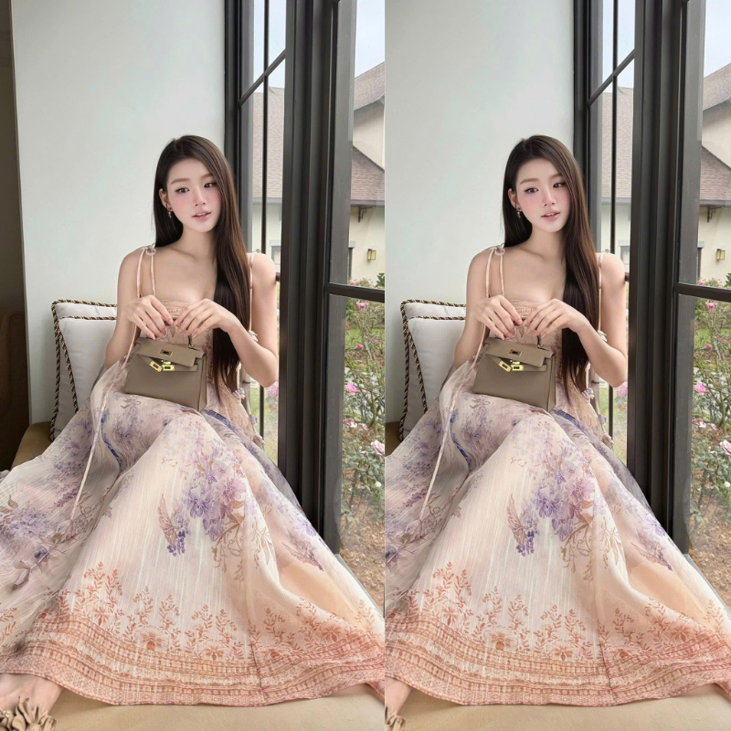 DAY CLOTHING-Váy Hai Dây Voan Tơ Cao Cấp In Hoa Chìm Sang Trọng Đầm Nàng Thơ
