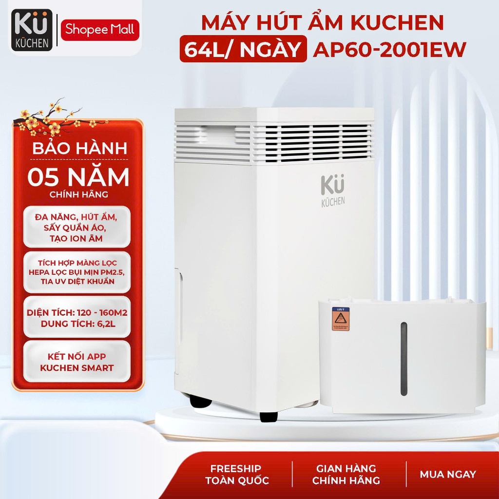 Máy hút ẩm 64L/Ngày I Diện tích 120 - 160m2 tích hợp màng lọc bụi mịn PM2.5 KUCHEN AP60-2001EW