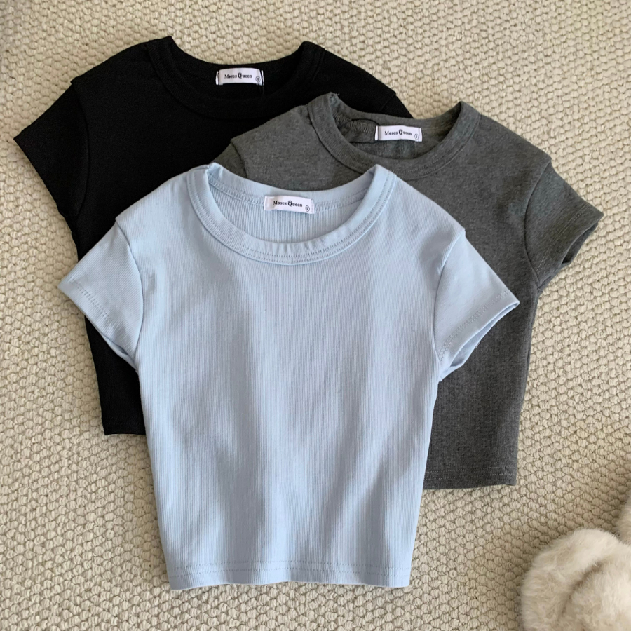 ÁO CROPTOP TAY NGẮN FORM ÔM CHẤT VẢI BO GÂN HÀN - BIME - 10857