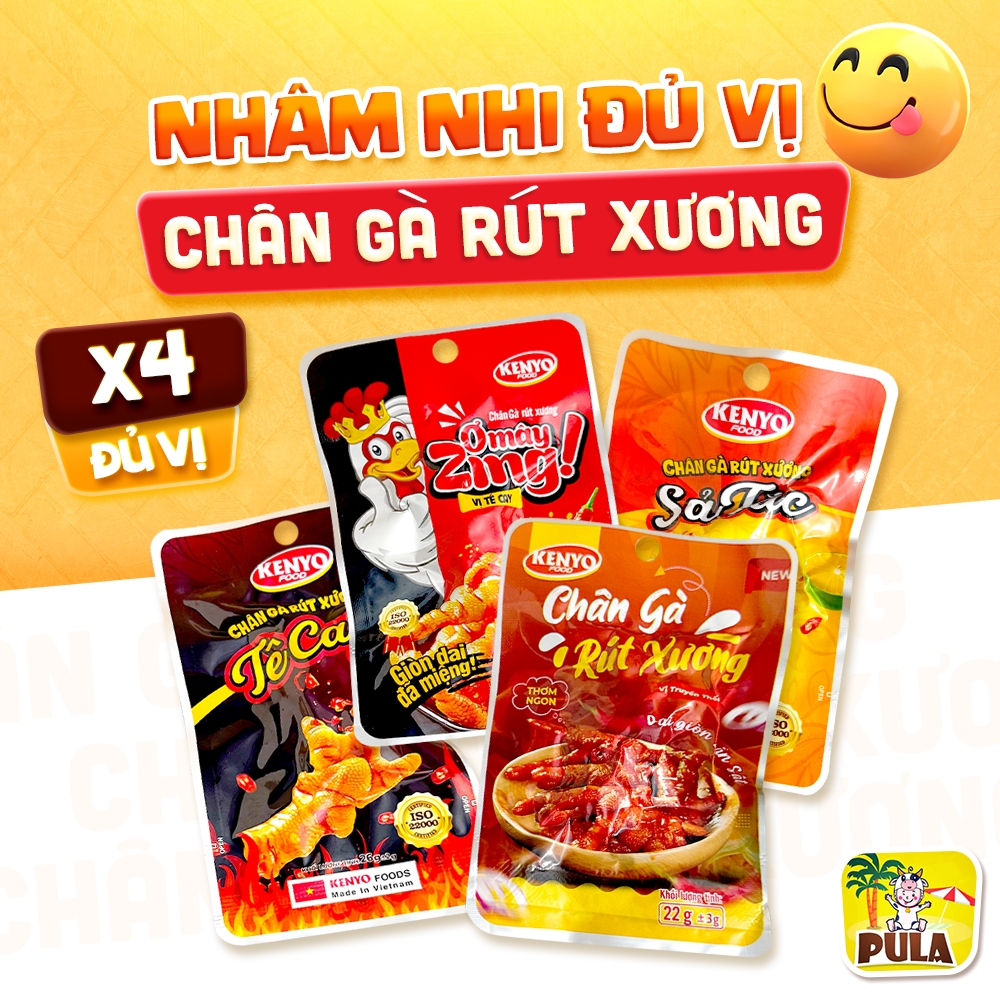 4 vị | Chân Gà Rút Xương Tiệm Nhà Pula | Chân Gà Kenyo đủ vị – Tê Cay, Sả Tắc, Truyền Thống, Tứ Xuyên | Gói 22 - 26gr