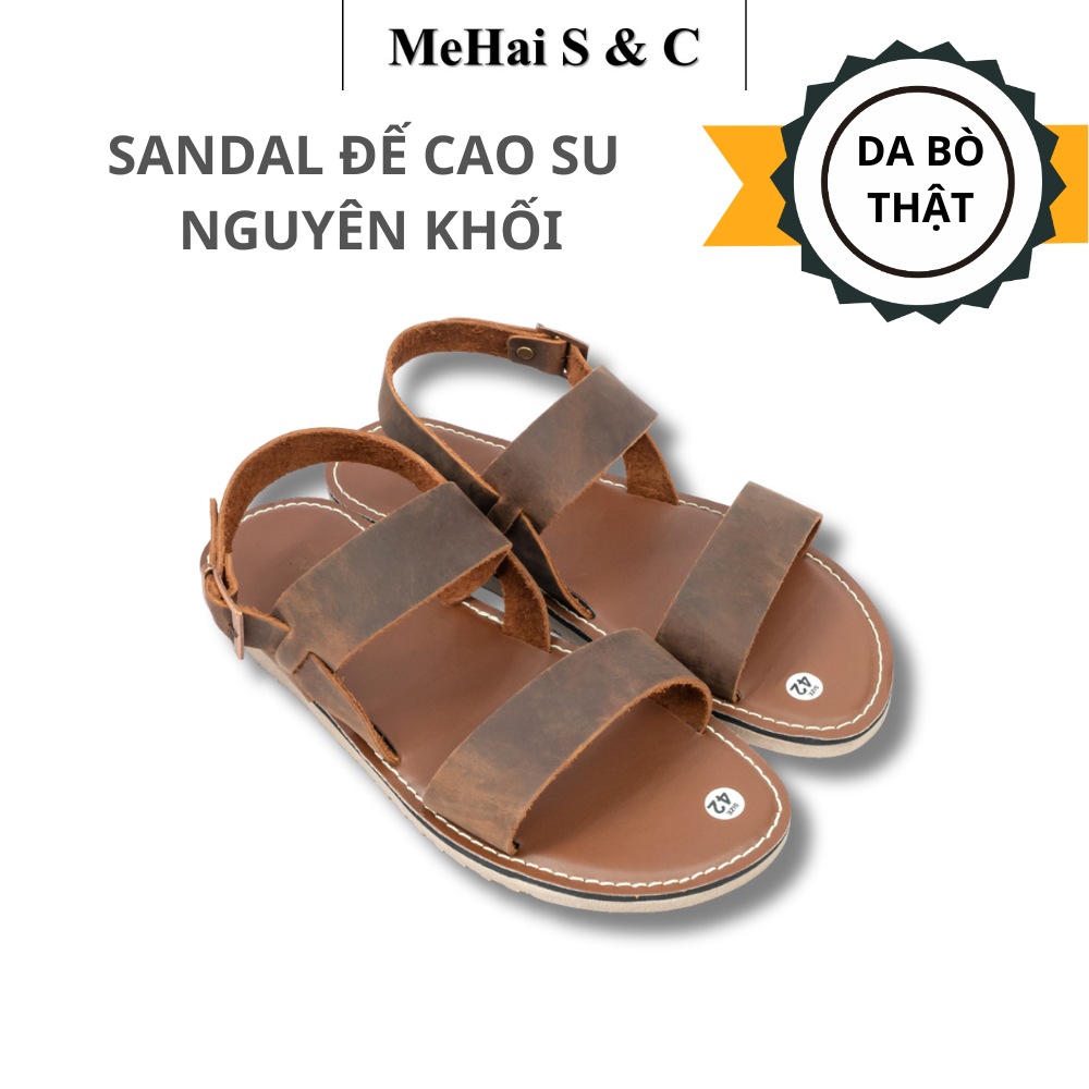 MH07 - Dép Sandal Da Bò Nam Nữ Quai Ngang Đế Đúc Cao Su Nguyên Khối thương hiệu MEHAI
