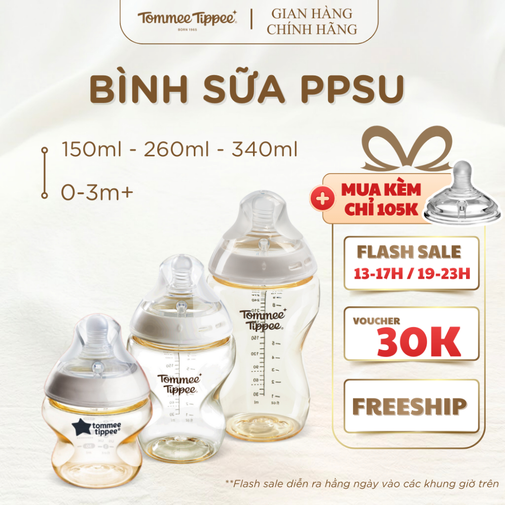 Bình Sữa PPSU Ty Siêu Mềm Tự Nhiên Tommee Tippee 150ml, 260ml, 340ml, Set Đôi,Đủ Size.Được Mua Kèm Thêm 01 Núm Ty Bất Kì