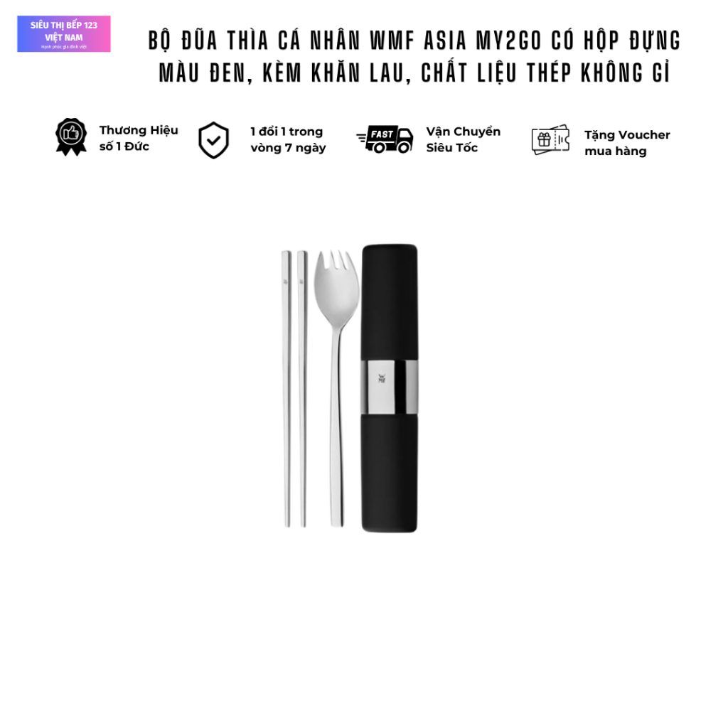 Bộ Đũa Thìa Cá Nhân WMF Asia My2Go Hộp Đựng Màu Đen + Khăn Lau, Chất Liệu Thép Không Gỉ