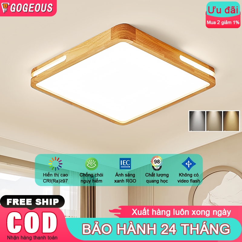Đèn ốp ban công/đèn trần 48w bo viền gỗ 3 chế độ LED ánh sáng có kèm điều khiển size 40/50/60cm