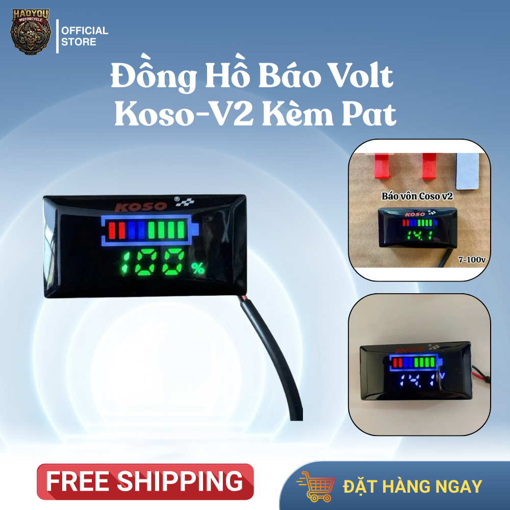 Đồng hồ báo volt koso v2 kèm pat gắn 7-100v có màn hình led hiển thị thông số