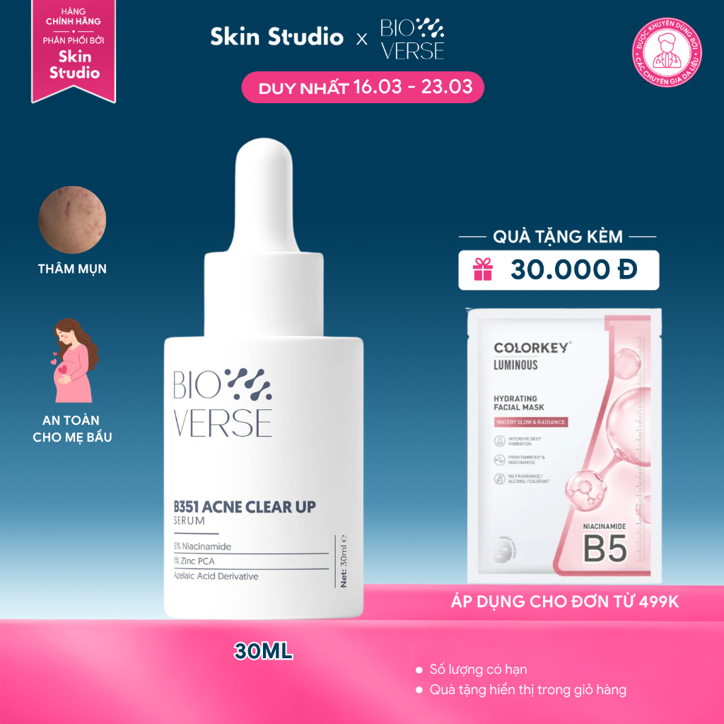 Tinh Chất mờ thâm giảm mụn Niacinamide 5% + Zinc 1% Bioverse B351 Acne Clear Up Serum 30ml