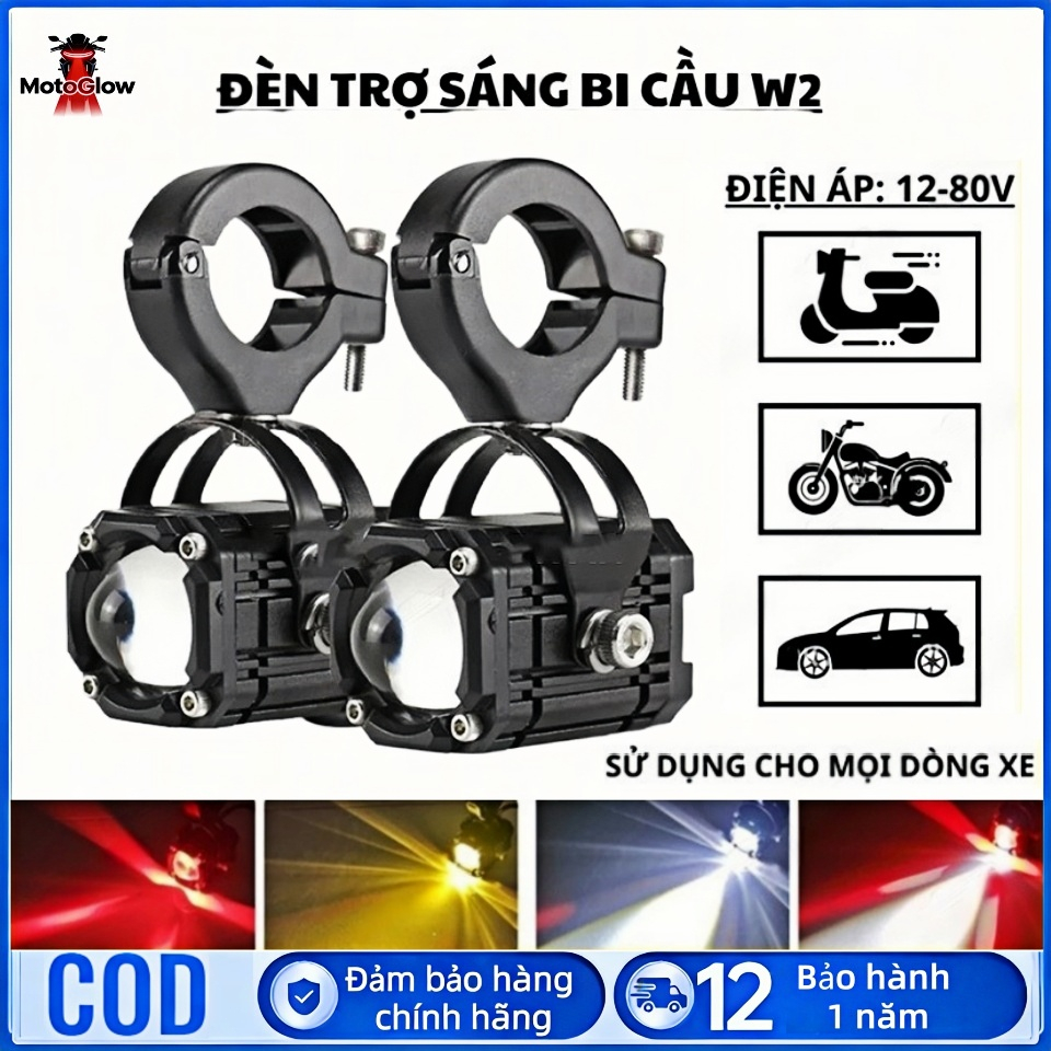 Đèn trợ sáng bi cầu mini w2 bi cầu 12-80v xe máy xe điện 133 ô tô mắt quỷ 4 chế độ tích hợp auto pas