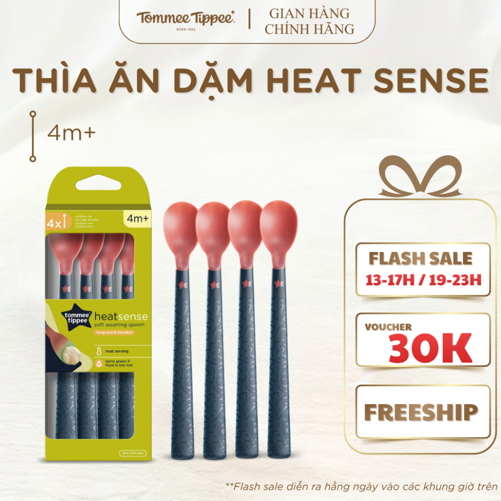 Thìa Ăn Dặm Có Báo Nhiệt Tommee Tippee Heat Sense, Cho Bé Từ 4 Tháng (Set 4 Thìa, Tách Lẻ)