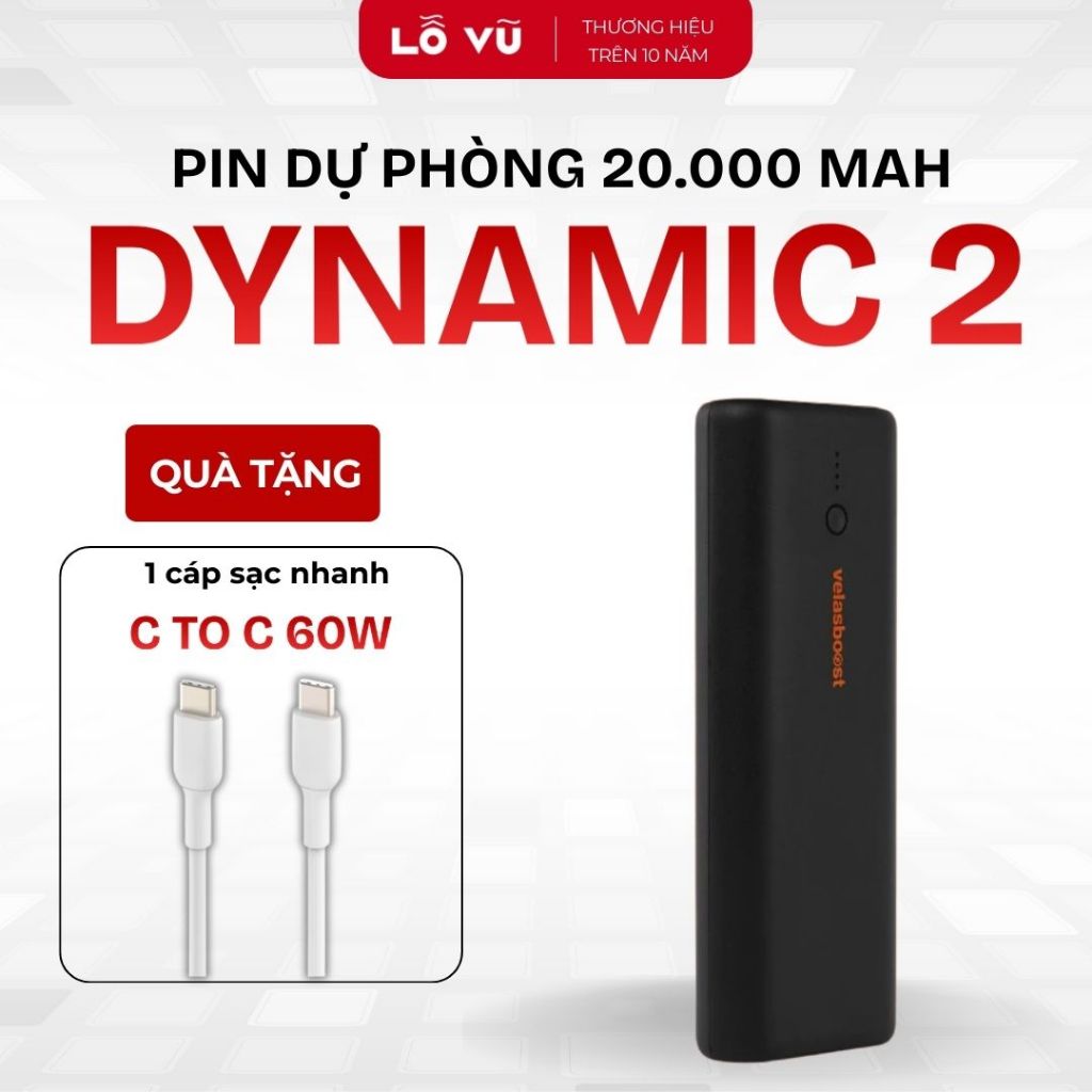 Pin sạc dự phòng 20.000 mAh velasboost Dynamic 2, Sạc nhanh PD QC 20W - Lỗ Vũ 1, Hàng chính hãng