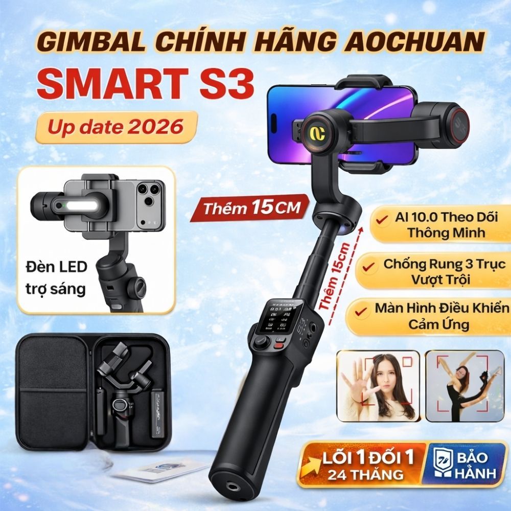 Gimbal điện thoại chính hãng AOCHUAN Smart S3 - Gymbal chống rung cao cấp hỗ trợ quay chụp chuyên ng