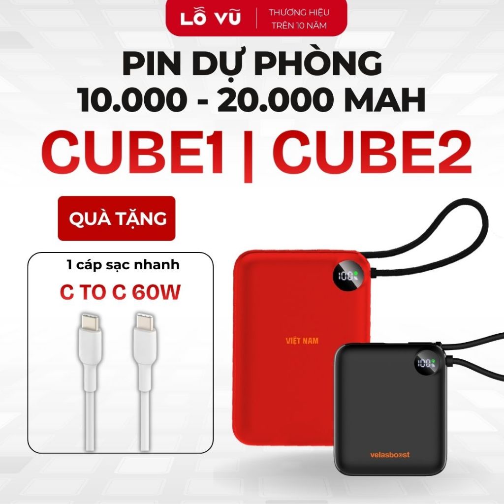 Pin sạc dự phòng 10.000mAh - 20.000 mAh CUBE1 CUBE2 velasboost – Sạc nhanh 22.5W, Tích hợp dây sạc T