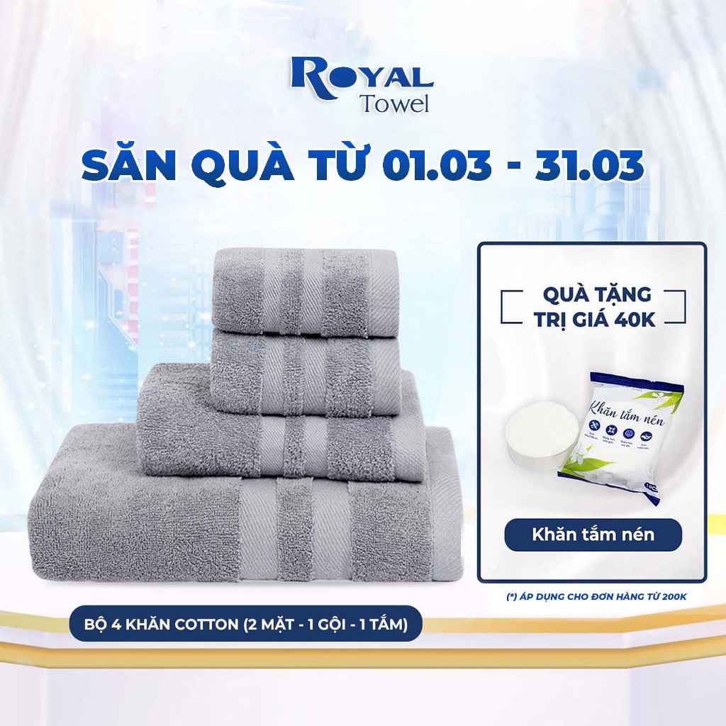 Combo 4 "Đủ Đầy" Gồm 2 Khăn Mặt - 1 Khăn Gội- 1 Khăn Tắm ROYAL TOWEL 100% Cotton Thấm Hút, Không Đổ Lông, Không Phai Màu