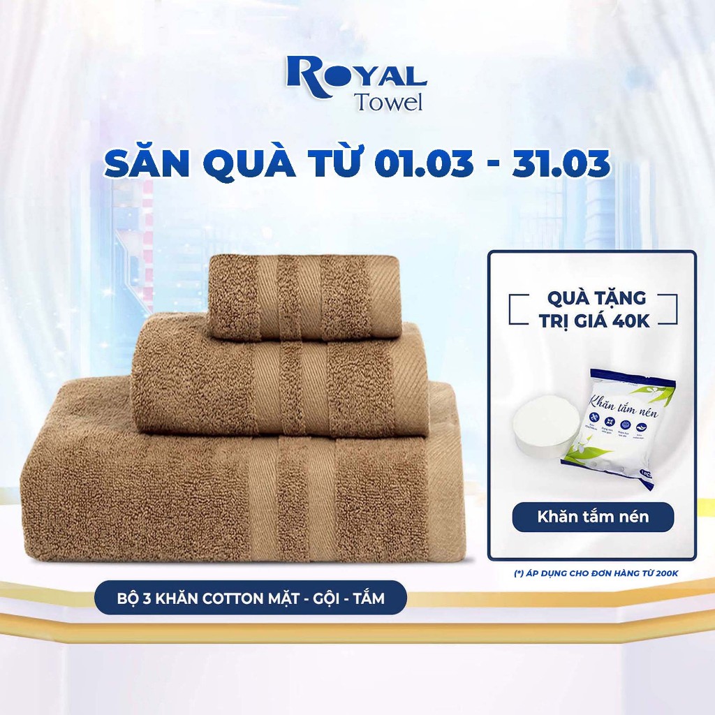[KOL] Bộ 3 gồm 1 khăn tắm - 1 khăn gội - 1 khăn mặt ROYAL TOWEL 100% cotton dày thấm hút, không ra màu