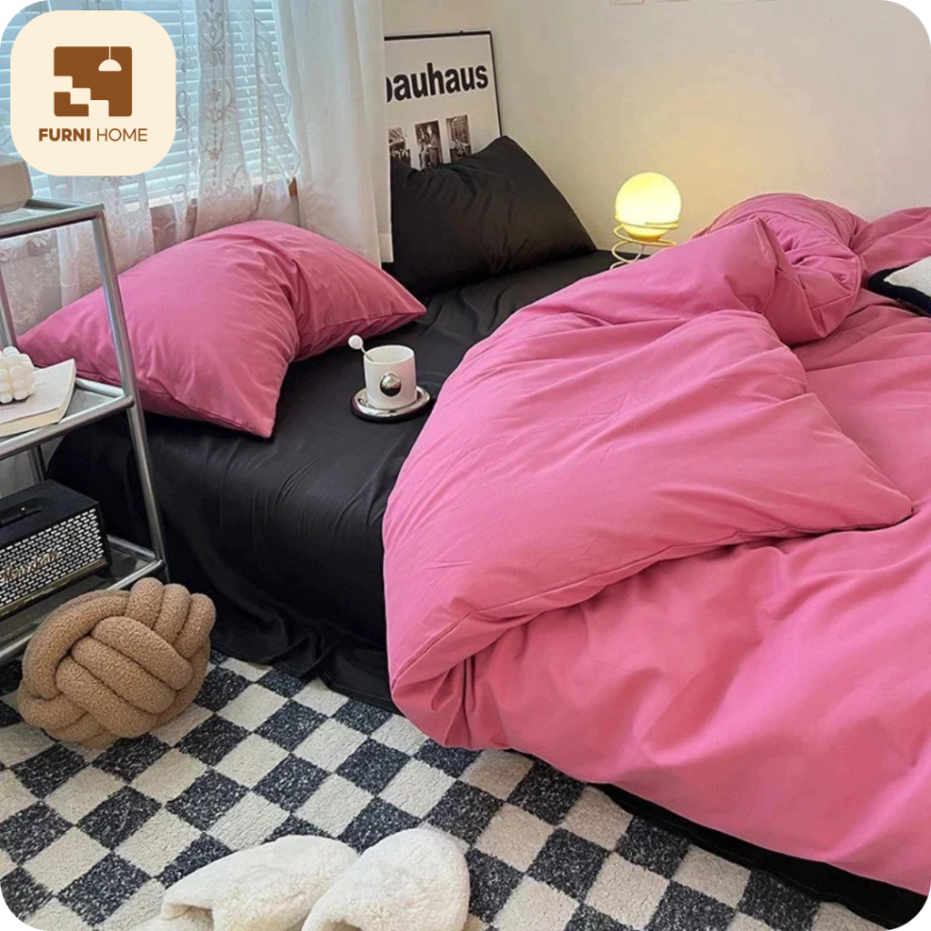 [FURNI HOME] Bộ chăn ga gối cotton tici cosset bedding notag - Hồng ga đen