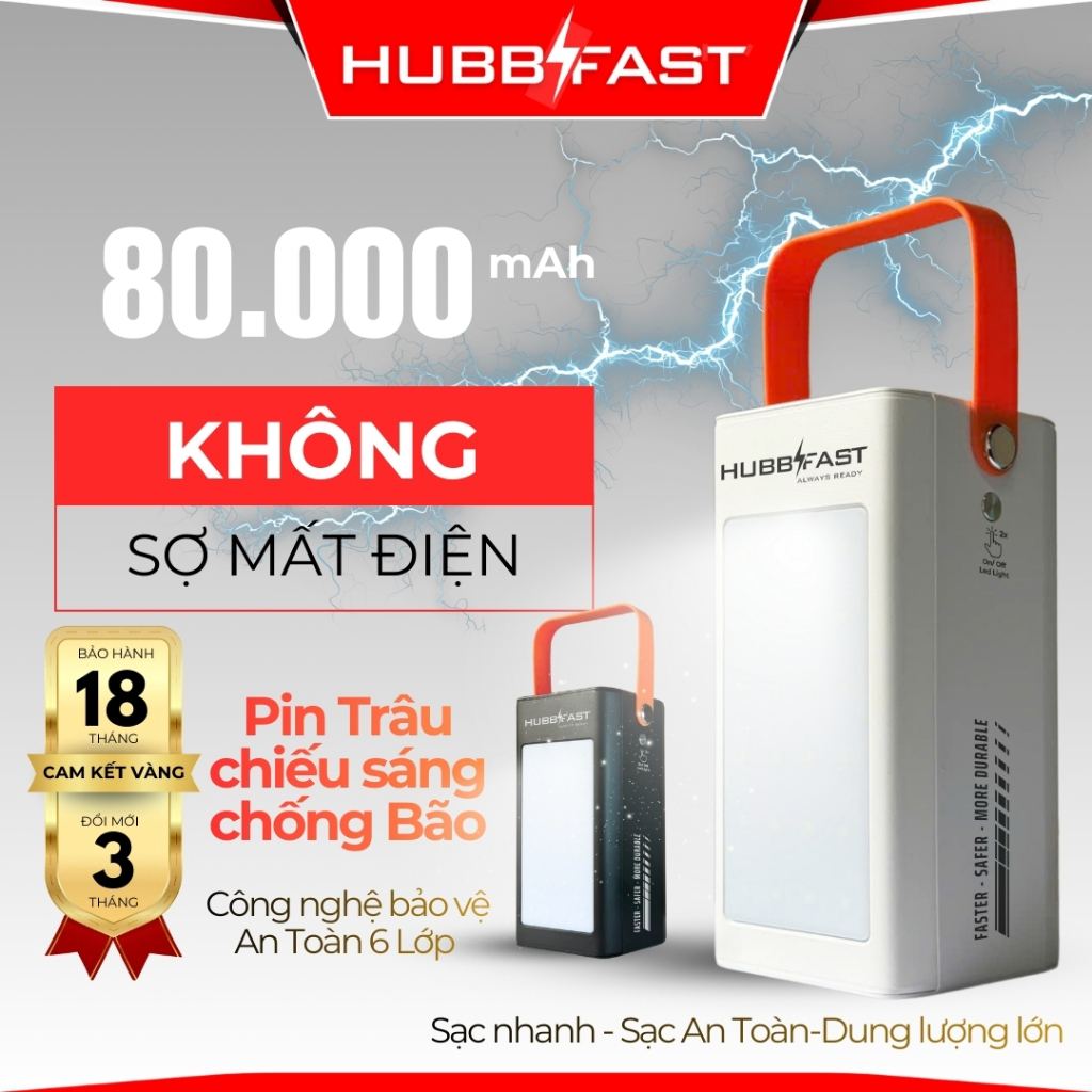 Thiết bị sạc 80000nAh HUBBFAST PD100,Sạc nhanh 22.5W,đèn LED chiếu sáng 10 ngày,Bảo hành 18 Tháng