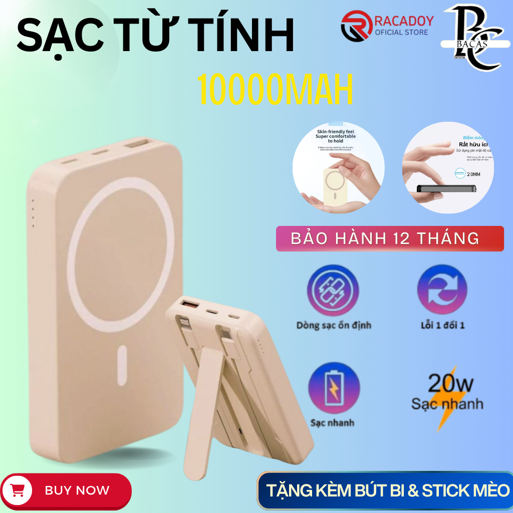 Sạc dự phòng không dây 10000mAh từ tính mini nhỏ gọn - Có sẵn 2 dây sạc - Hít Nam Châm Siêu Chắc