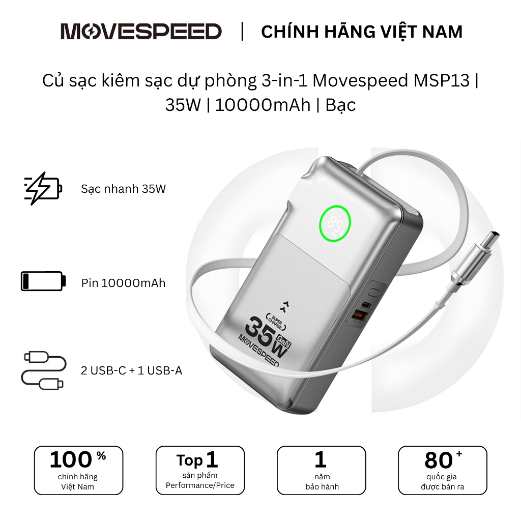 Củ sạc kiêm sạc dự phòng 3-in-1 Movespeed MSP13 | 35W | 10000mAh | Bạc